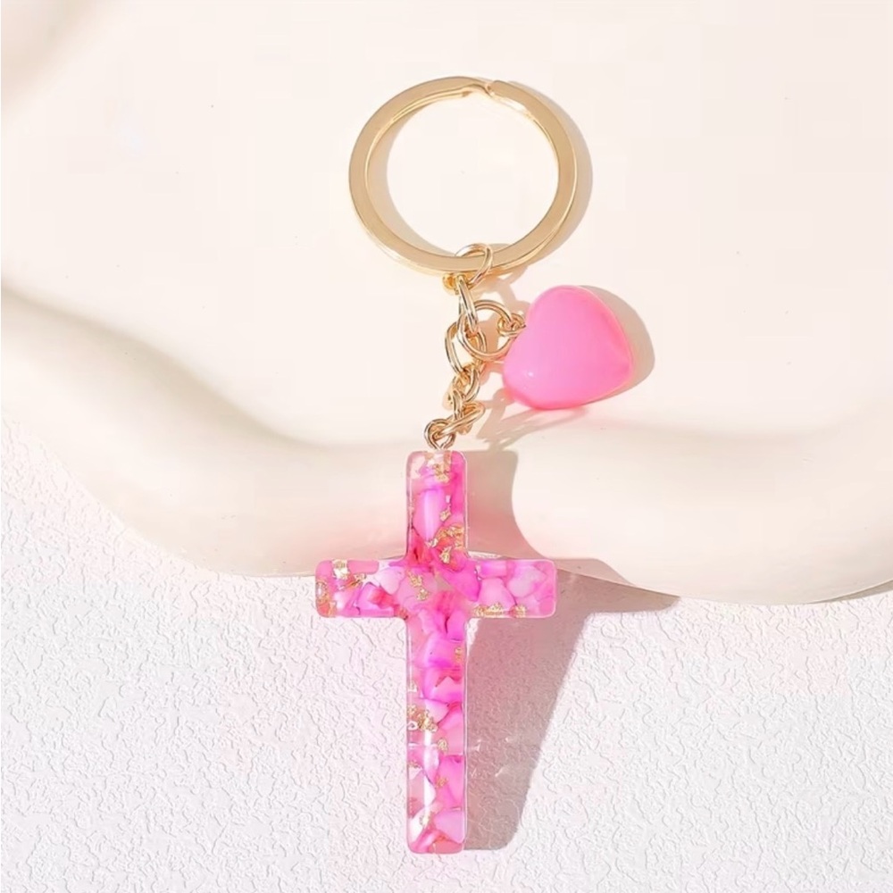 Pink Floral Resin Cross Keychain with Heart Charm NIP